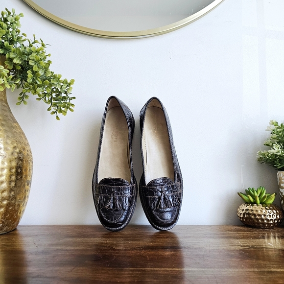 Talbots Crocodile Embossed Genuine Leather Tassel Penny Loafers Dark Brown, 7.5 - Picture 15 of 16